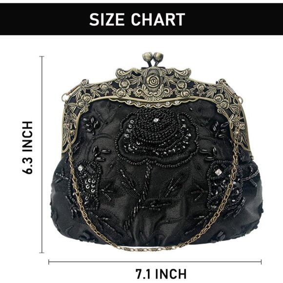 Stunning Black Sequin Clutch Handbag with Rose Kiss Lock - Perfect for Weddings - Picture 5 of 7